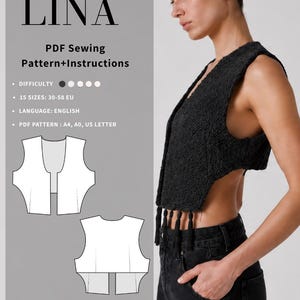 Puede incluir: Un chaleco negro texturizado con cuello en V y dobladillo con flecos, mostrado con un patrón de costura PDF etiquetado VEST LINA. El patrón incluye instrucciones, 15 tallas de 30-58 EU y formatos A4, A0 y US letter. Incluye icono de descarga.
