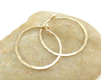 14K Gold Filled 18 Gauge Hammered Hoop Earrings, One Inch Handcrafted Hoops