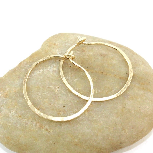 14K Gold Filled 18 Gauge Hammered Hoop Earrings, One Inch Handmade Hoops