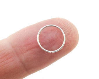 May include: A silver nose ring hoop, shown on a finger.