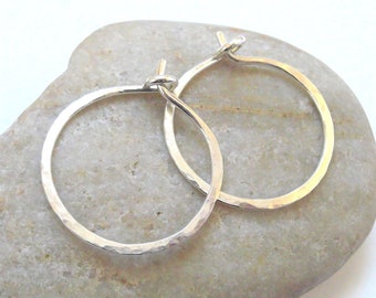 One Inch Sterling Silver Hammered Hoops, Argentium Silver 18 Gauge Hoop Earrings