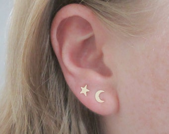 Gold Moon and Star Studs, 14K Gold Fill Celestial Earrings