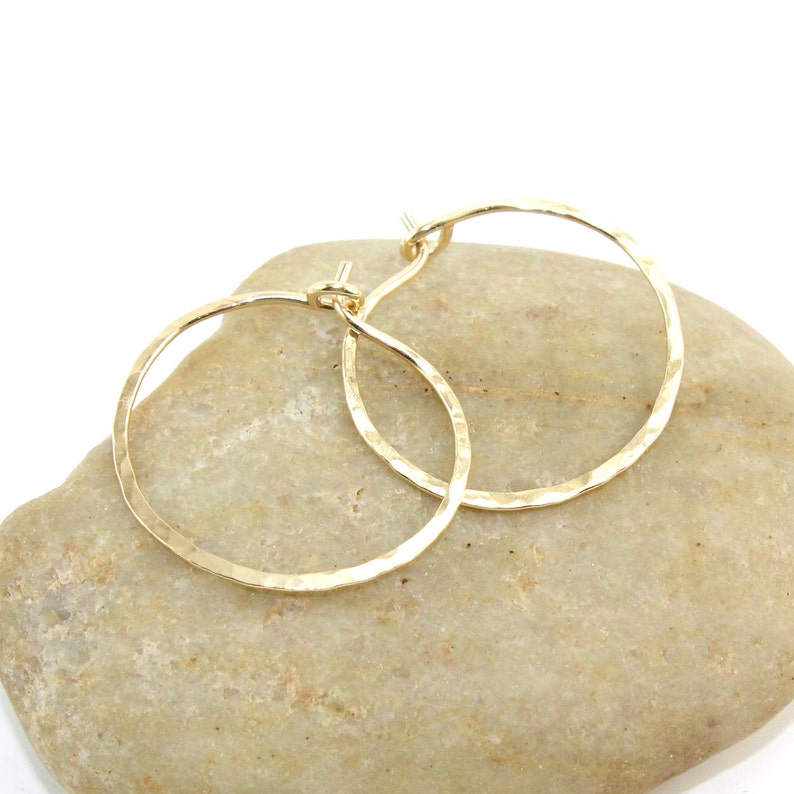 14K Gold Filled 18 Gauge Hammered Hoop Earrings, One Inch Handmade Hoops image 5