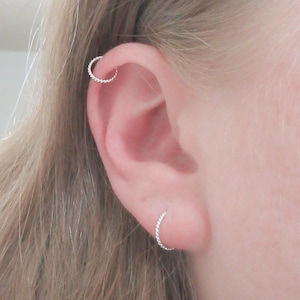 Argentium Silver Braided Wire Huggie Hoop, Sterling Silver 20 Gauge Cartilage Piercing