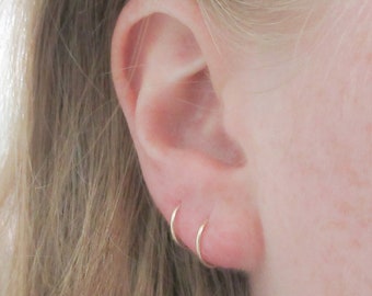 14K Gold Fill Huggie Earrings, 18 Gauge Gold Mini Hoops