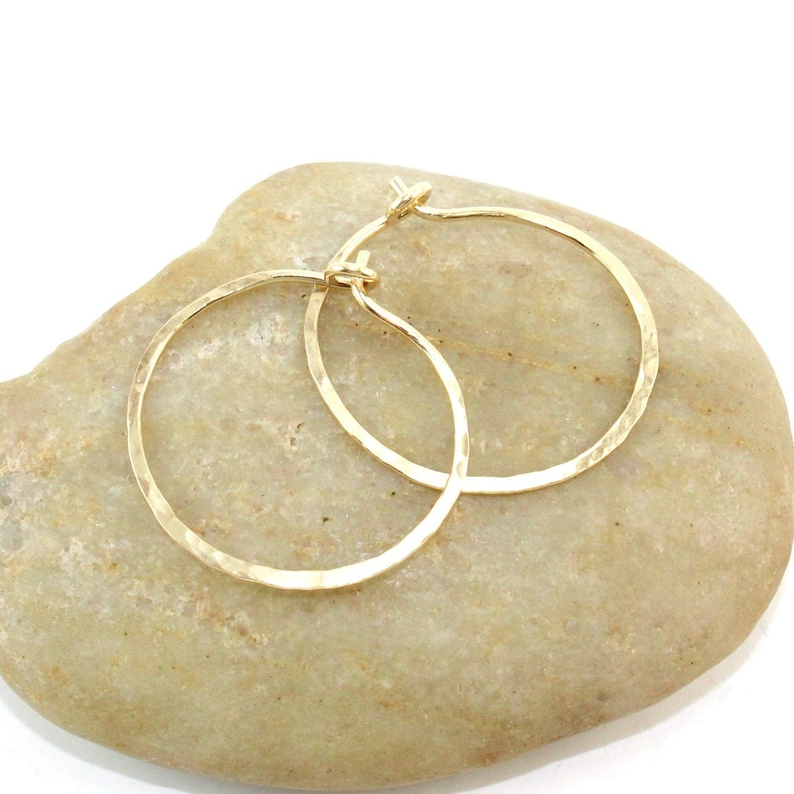 14K Gold Filled 18 Gauge Hammered Hoop Earrings, One Inch Handmade Hoops image 1