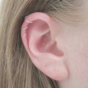 Set of Three Thin Cartilage Earrings, Sterling Silver Helix Piercing Hoops