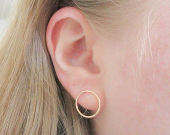 Hammered Gold Circle Stud Earrings, 14K Gold Fill Post Earrings