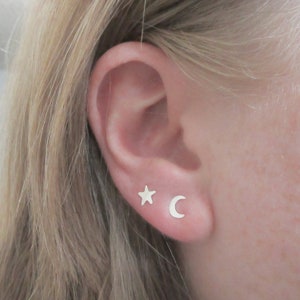 Sterling Silver Star and Crescent Moon Studs, Celestial Earrings