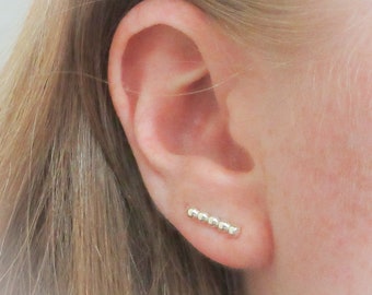 Small Silver Ear Climber Earrings, Sterling Silver Bar Studs