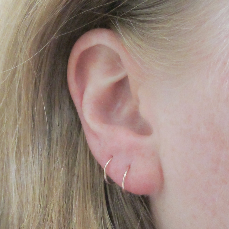 14K Rose Gold Fill Hammered Mini Hoops, 20 Gauge Pink Gold Huggie Hoops image 2