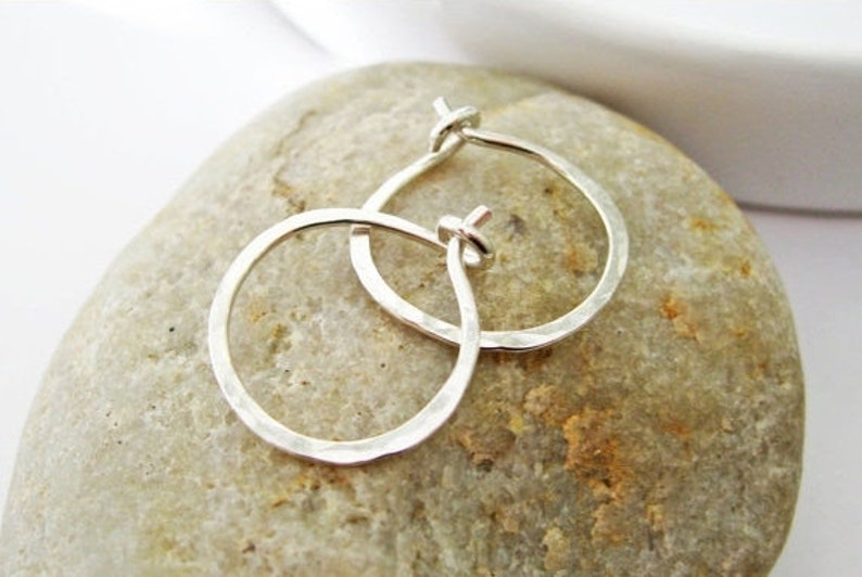 20 Gauge Sterling Silver Small Hoop Earrings, Hammered Argentium Silver Hoops image 1