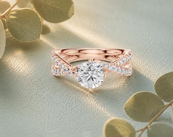 Elegant 1.10CT Round Lab Grown Diamond Engagement Ring Split Shank Solitaire Bridal Ring Rose Gold Handmade