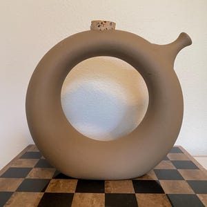 Vintage Hartstone Bisque Wine Tote Decanter, Postmodern Donut Shaped Vessel, Zanesville Ohio Pottery, Organic Modern Decor, MCM Stoneware