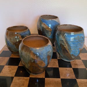 Set of 4 Signed Studio Pottery Thumb Cups – Blue Brown Stoneware Wine Tumblers