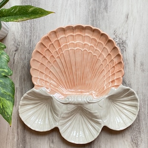 Vintage Large Ceramic Shell Serving Platter, Blush Pink Coastal Chip and Dip Tray