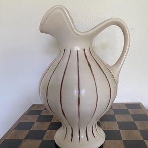 Vintage Lorie Ceramics Ewer Vase: Mid-Century Modern Cream Brown Pottery Pitcher
