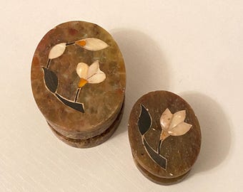 Vintage Hand Carved Soapstone Boxes, Mother of Pearl Floral Inlay Set