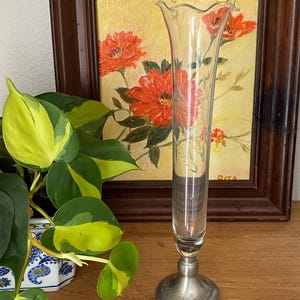 Vintage Etched Glass WEB Vase with Pewter Base