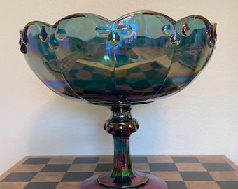 Vintage Indiana Iridescent Blue Carnival Glass Garland Pattern Pedestal Compote Bowl