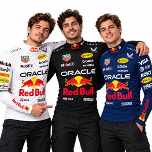 May include: Three long-sleeve mock neck shirts in white, black, and navy blue. Each shirt features sponsor logos including Oracle, Red Bull, Tag Heuer, Mobil 1, and Honda, with the text Max and a small Dutch flag printed on the front chest area.