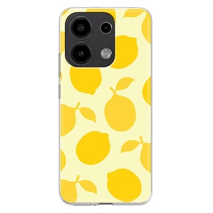 May include: A smartphone case featuring a repeating pattern of bright yellow lemons and green leaves on a pale yellow background. The case has a large, dark gray camera cutout section at the top left, exposing the lenses and flash of the device.
