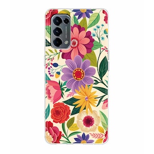 Könnte beinhalten: Eine Handyhülle mit floralem Muster. Das Design zeigt eine Vielzahl farbenfroher Blumen, darunter rosa, lila, gelbe und rote, vor einem cremefarbenen Hintergrund. Die Hülle hat Aussparungen für Kamera und Knöpfe.