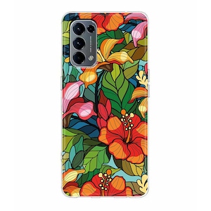 Può includere: Una custodia per telefono con un vivace motivo floreale. La custodia presenta un motivo colorato di fiori arancioni, rossi, gialli e rosa, insieme a foglie verdi, su uno sfondo azzurro. La custodia ha un bordo trasparente e un modulo fotocamera.