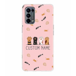 May include: A light pink smartphone case featuring a repeating pattern of brown yarn balls, orange mice, and black fish skeletons. Four cat paws in different colors are aligned horizontally above the black text CUSTOM NAME.