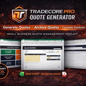 Op de afbeelding: Promotieafbeelding voor Tradecore Pro Quote Generator, een kleine tool voor offertebeheer voor bedrijven. De afbeelding toont de software-interface, met opties om offertes te genereren, te archiveren en een klantdatabase te beheren. Bevat de tekst "Direct downloaden."