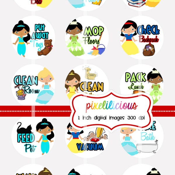 Instant Download, Chore Chart, Digital Bottle Cap Images - PRINCESS 1 - Chore Chart with 30 Chores -  1 Inch Digital Collage, Reward Chart