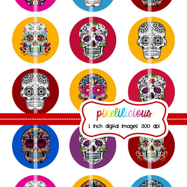 Bottle Cap Image Sheet - Instant Download - Sugar Skulls 2 -  1 Inch Digital Collage - Buy 2 Get 1 Free