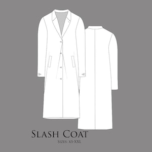 May include: A white, long-line Slash Coat design, shown from the front and back views. The coat features a notched lapel, button closure, and pockets. The text "SLASH COAT" and "SIZES: XS-XXL" are displayed below the coat.