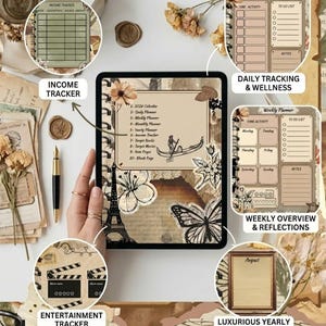 May include: A digital planner with a vintage design, including sections for income tracking, daily and weekly planning, and entertainment tracking. The design incorporates floral elements, butterflies, and the Eiffel Tower. The planner includes the text "August".