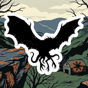 May include: A black silhouette of a winged creature with tentacles and claws, set against a landscape of mountains, trees, and a small barn. The creature has a white border, and the background features muted colors.