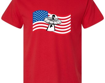 Alien American Flag Shirt | Retro UFO Spaceship T-Shirt, Patriotic Alien Abduction Graphic Tee, Sci-Fi 4th of July Apparel