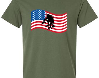 Chupacabra American Flag Tshirt - Cryptid Goat Sucker Shirt - Cryptozoology Graphic Tee