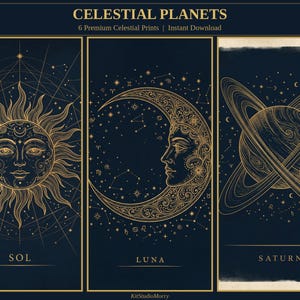Puede incluir: Tres impresiones celestiales con ilustraciones doradas sobre fondo azul oscuro. Las impresiones presentan el sol, la luna y Saturno, con las palabras "SOL", "LUNA" y "SATURN" debajo. El texto "CELESTIAL PLANETS" está en la parte superior.