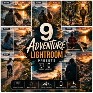 May include: An image showcasing nine "Adventure Lightroom Presets" with before and after photo examples. The images feature outdoor scenes with people, including a couple, hikers, and a cyclist. The text includes "Cinematic Tones", "Warm & Moody", and "Instant Download".