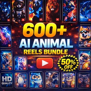 Puede incluir: Gráfico promocional para un paquete de carretes de animales de IA. La imagen presenta varios retratos de animales estilizados, el texto "600+ AI ANIMAL REELS BUNDLE", un botón de reproducción de YouTube y una insignia de "50% OFF". Las palabras "HD QUALITY" también son visibles.