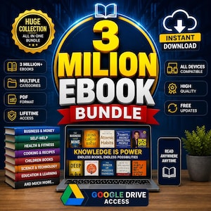Op de afbeelding: Advertentie voor een digitale ebook-bundel. De afbeelding toont een laptop, smartphone en een stapel boeken. De tekst luidt "3 Million Ebook Bundle" met categorieën zoals zaken, zelfhulp en gezondheid. Inclusief "Direct downloaden" en "Levenslange toegang".