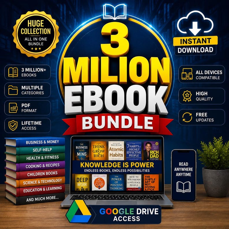 May include: A digital ebook bundle advertisement. The image features a laptop, smartphone, and a stack of books. The text reads "3 Million Ebook Bundle" with categories like business, self-help, and health. Includes "Instant Download" and "Lifetime Access".
