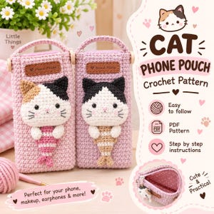 Crochet Cat Phone Pouch Pattern, DIY Accessory, PDF Guide