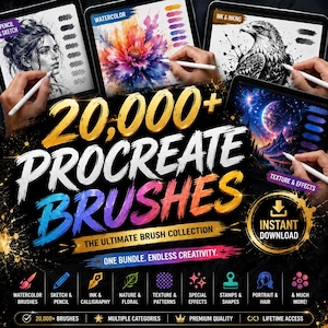 Könnte beinhalten: Eine digitale Produktwerbung für 20.000+ Procreate-Pinsel mit vier Tablet-Bildschirmen, die verschiedene künstlerische Stile wie Bleistiftskizzen, Aquarell, Tinte und Weltraumlandschaften zeigen, mit dem Text Instant Download.