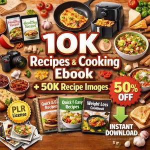 May include: A promotional image for a digital cookbook with the text "10K Recipes & Cooking Ebook + 50K Recipe Images." The image includes various food items, cookbooks, and a 50% off promotion. Two smartphones display "Healthy Recipes."