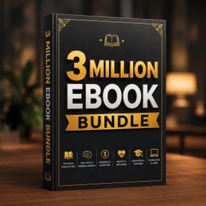 May include: A black book with gold and white text that reads 3 MILLION EBOOK BUNDLE. The cover features gold decorative corners, a book icon, and six smaller icons representing categories like fiction, business, health, and technology.