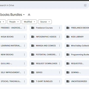 May include: Screenshot of a Google Drive interface displaying a folder titled "Ebooks Bundles." The folder contains subfolders categorized by topic, including "Freebies," "Ikigai Books," and "Learning Material."