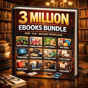 May include: A large book cover with the text "3 MILLION EBOOKS BUNDLE" and various category icons, including "Health & Fitness," "Language Learning," and "Kids Library." The book is set against a blurred library background.