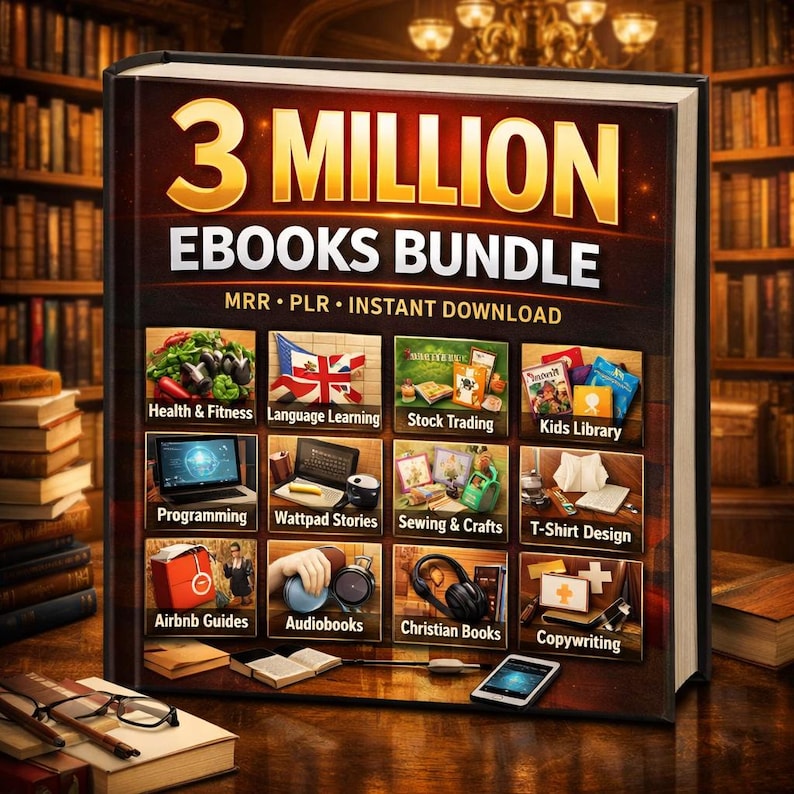 May include: A large book cover with the text "3 MILLION EBOOKS BUNDLE" and various category icons, including "Health & Fitness," "Language Learning," and "Kids Library." The book is set against a blurred library background.