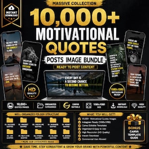 Könnte beinhalten: Werbegrafik mit dem Text "10.000+ Motivationszitate Posts Image Bundle". Das Bild zeigt Beispielzitate auf Smartphones und einem Laptop, sowie Icons für Canva-Bearbeitung, Sofort-Download und hohe Qualität. Das Bundle bietet organisierte Kategorien und ist Instagram-ready.